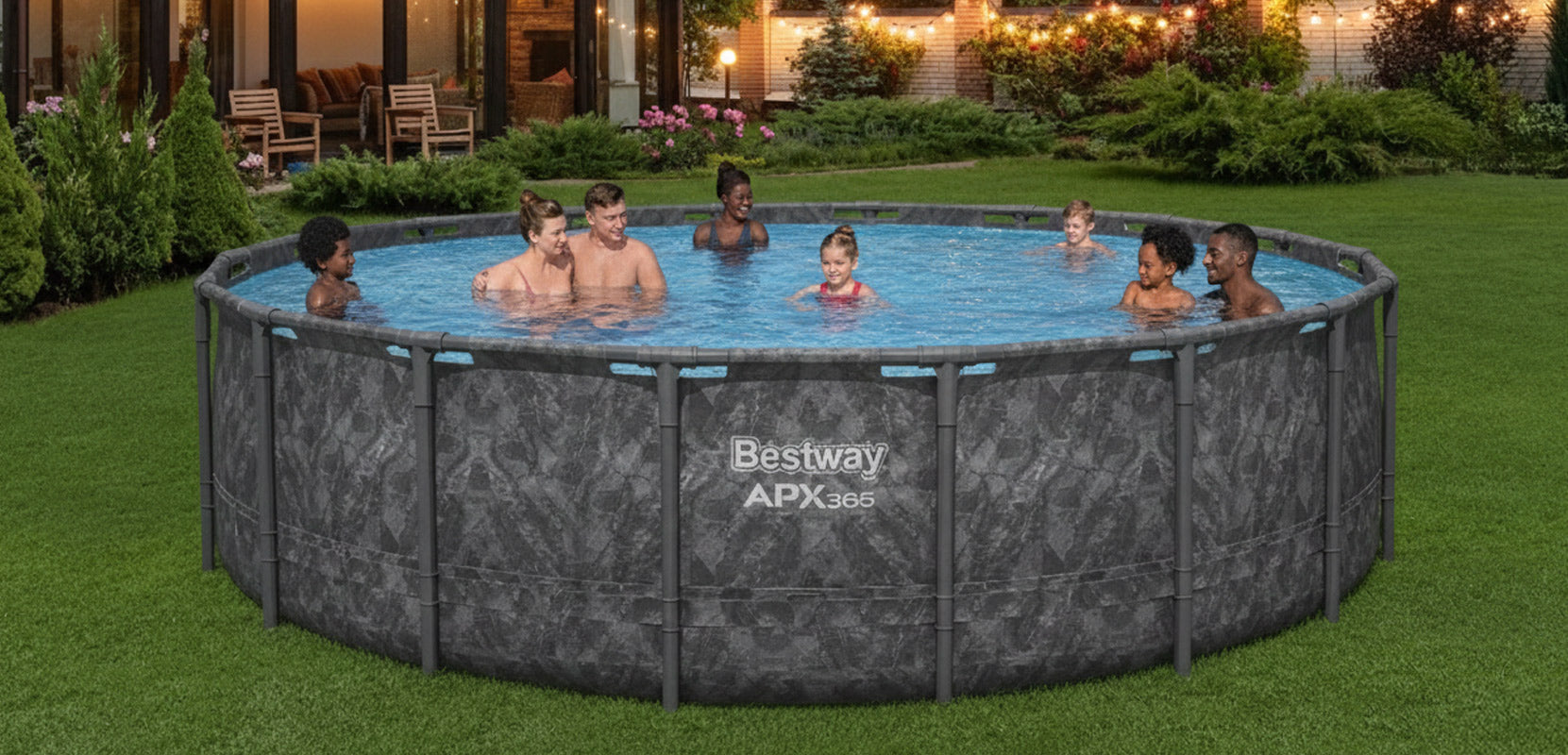 Family and friends lounging in a Bestway APX 365 round above ground pool in their backyard at nighttime. 