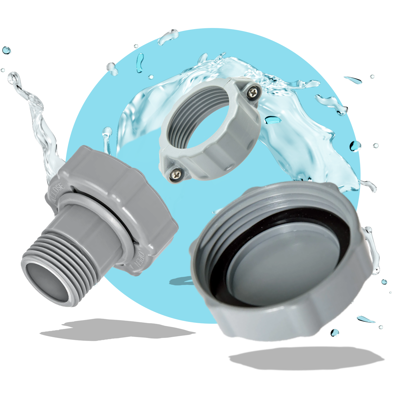 A close-up of an above ground pool drain valve hose adapter and hot tub inflation hose connection piece on a blue background.