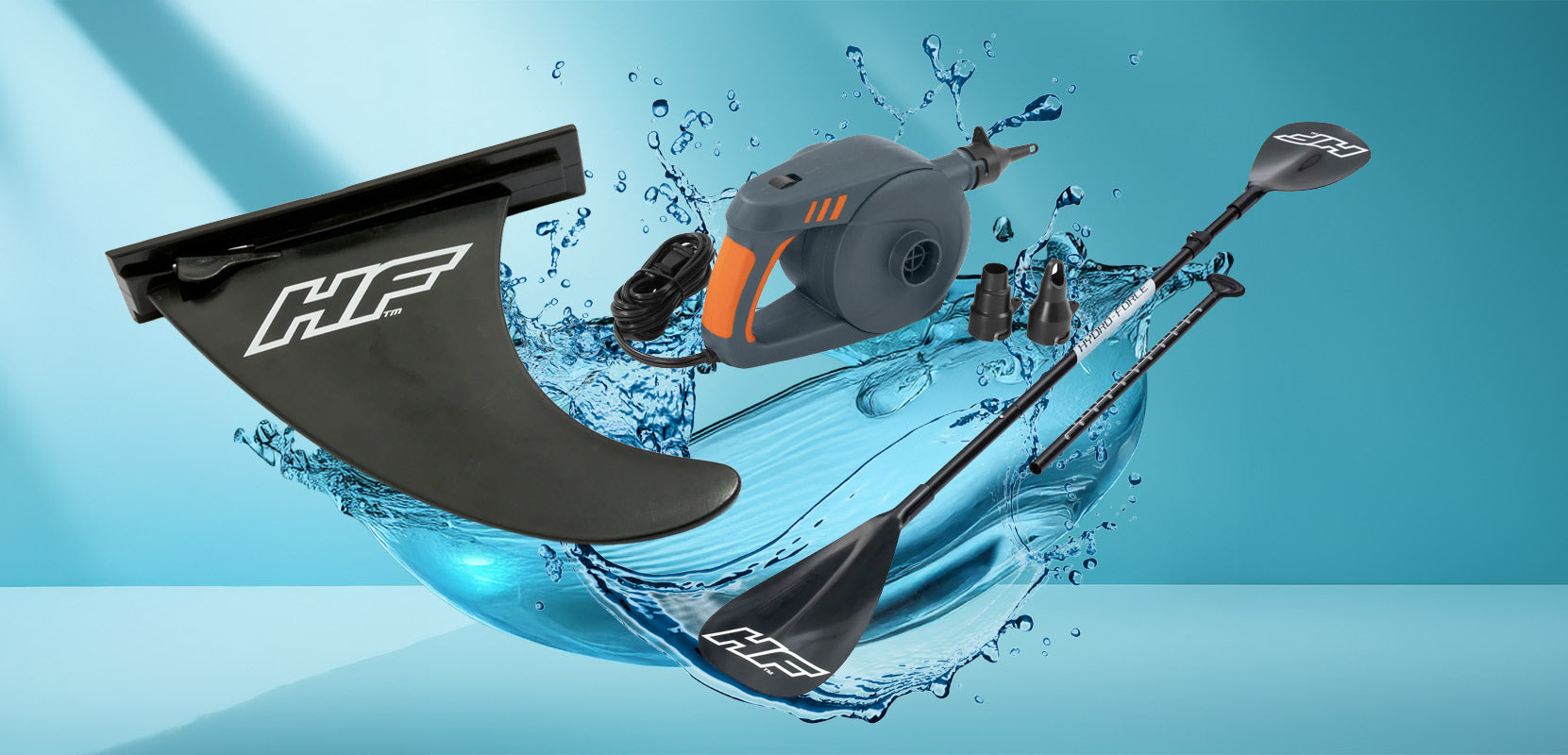 Close-up shot of a Hydro Force removable fin, paddle and air pump with a cool water background.