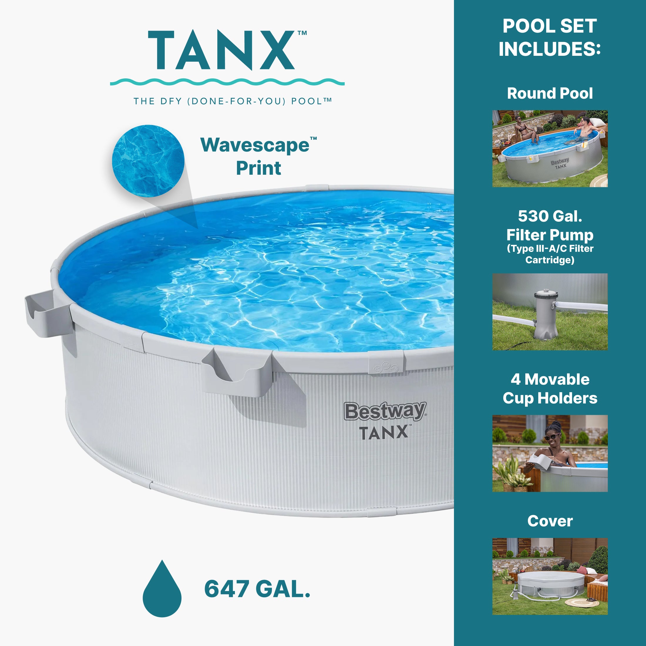 Bestway TANX 8' x 24" Round Above Ground Stock Tank Pool, All-in-One Set