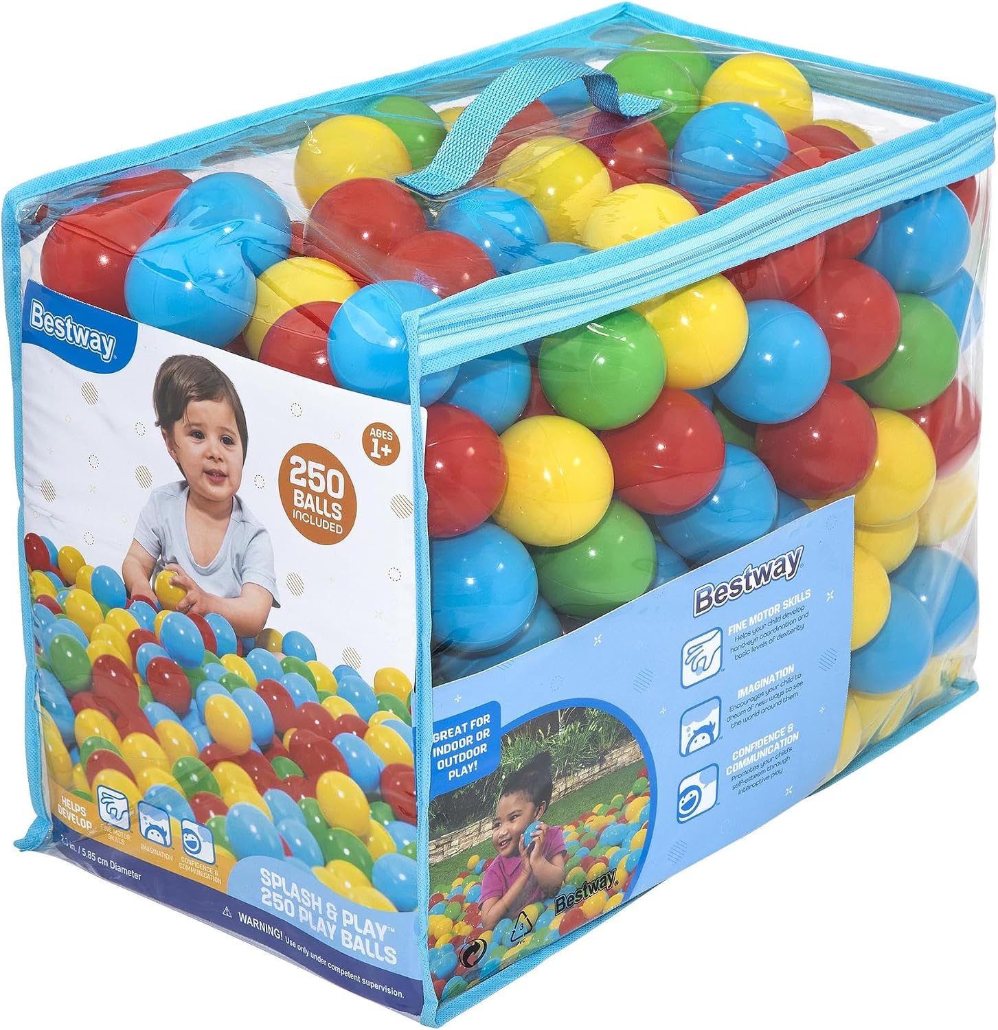 Bestway Splash & Play 250 Ball Pit Balls, Multi-Color, 2.3" Balls, Ages 1+ | Heavy-Duty Plastic Play Balls, Use With or Without Water, Puncture-Resistant Material, Motor Skill Development, Airtight Seam