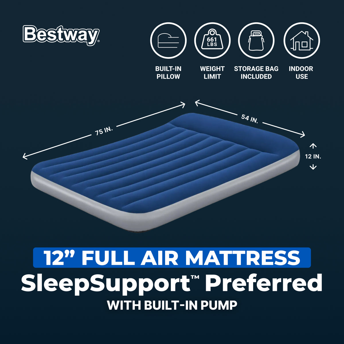 Bestway SleepSupport Air Mattress Full 12” with Built-in AC Pump