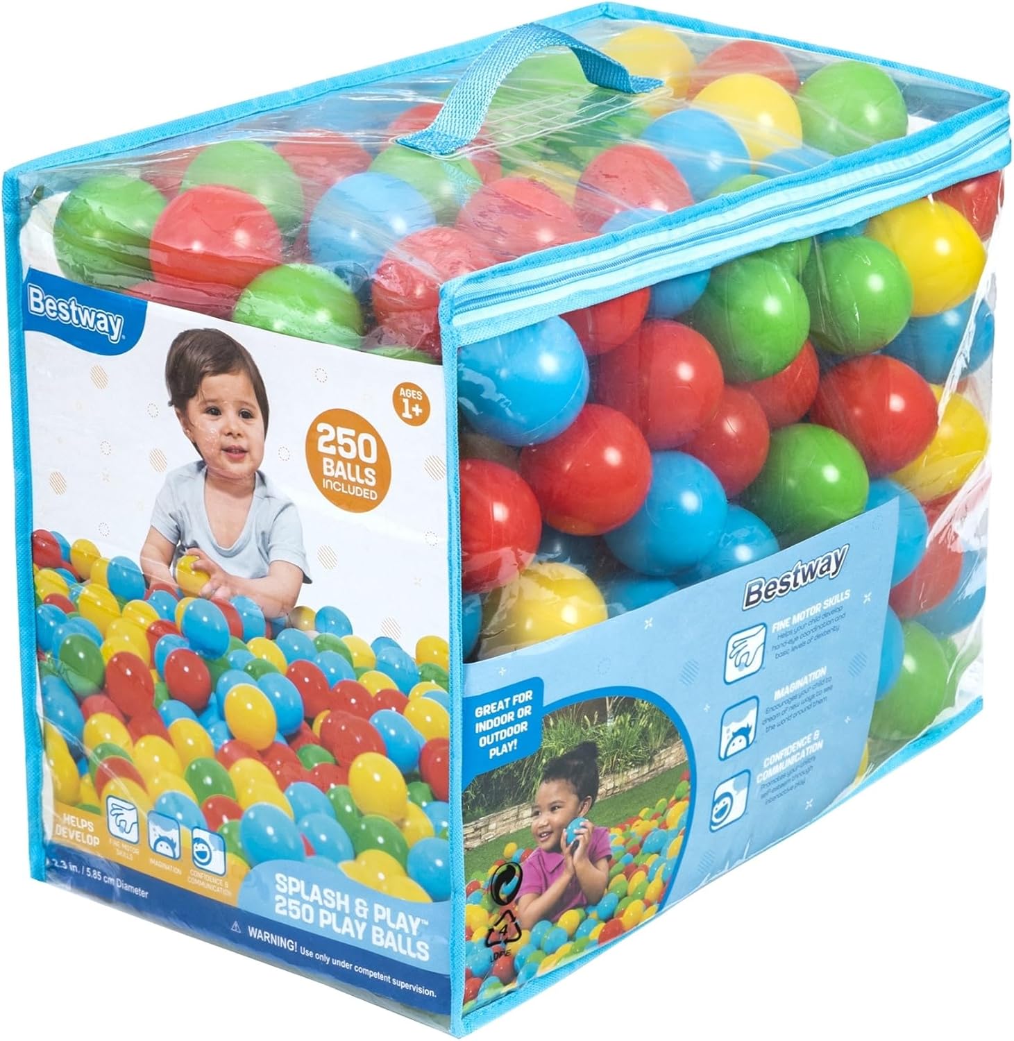 Bestway Splash & Play 250 Ball Pit Balls, Multi-Color, 2.3" Balls, Ages 1+ | Heavy-Duty Plastic Play Balls, Use With or Without Water, Puncture-Resistant Material, Motor Skill Development, Airtight Seam