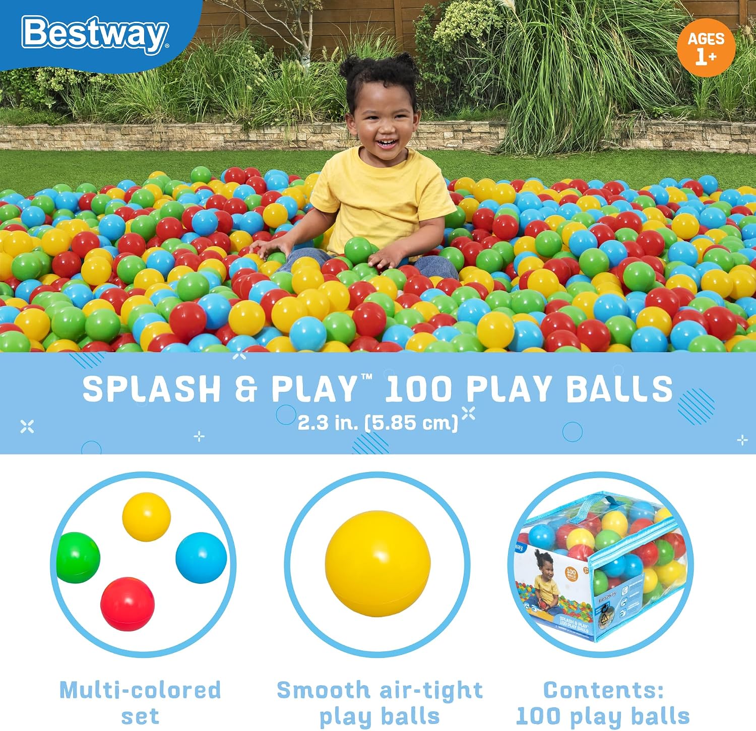 Bestway Splash & Play 100 Ball Pit Balls, Multi-Color, 2.3" Balls, Ages 1+ | Heavy-Duty Plastic Play Balls, Use With or Without Water, Puncture-Resistant Material, Motor Skill Development, Airtight Seam