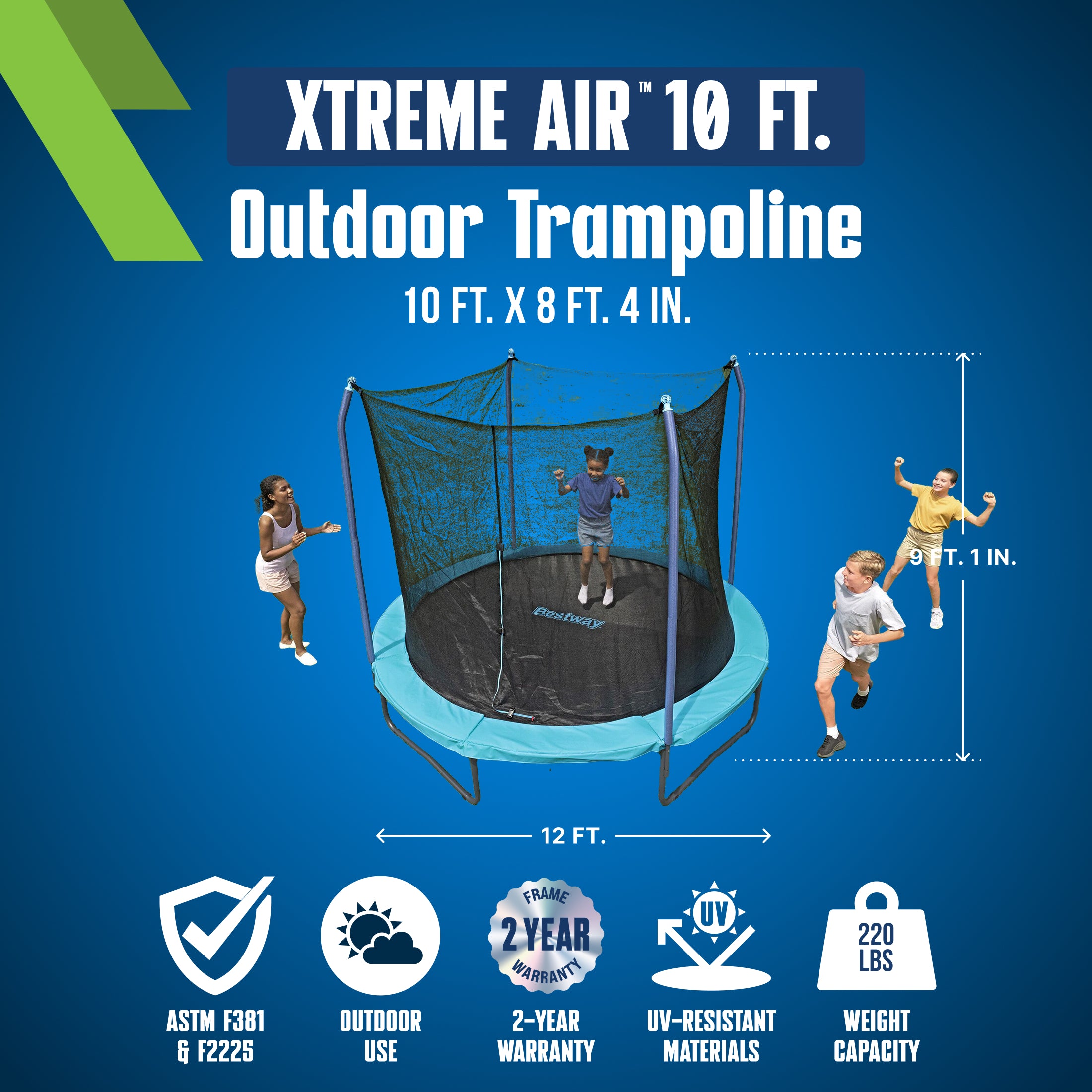 Trampoline d'extérieur Bestway Xtreme Air de 3 m pour enfants et adultes, filet de sécurité sans espace, poteaux rembourrés en mousse