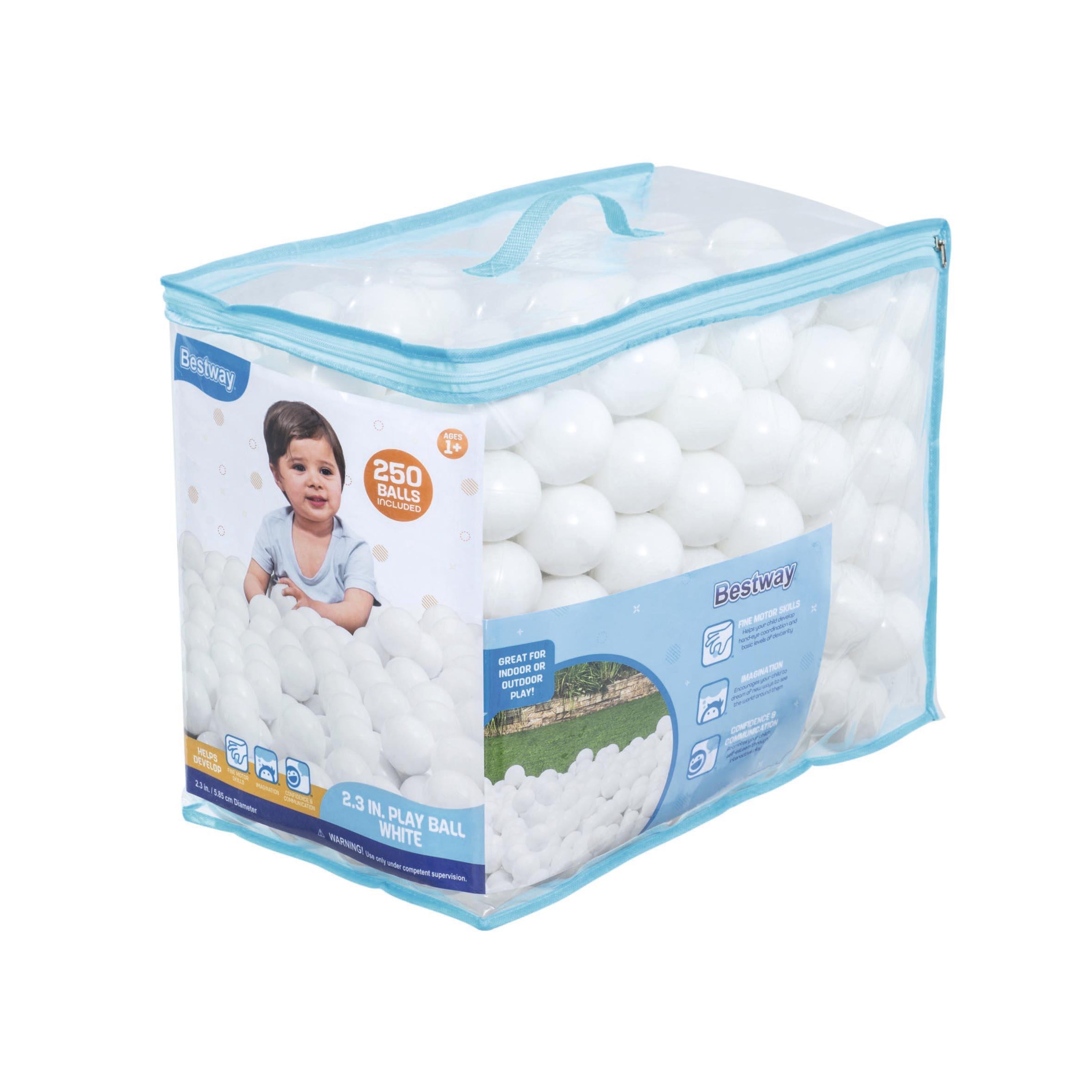 Bestway Jumbo 2.3" White Ball Pit Balls for Toddlers (250 Pack), BPA Free Crush Proof Plastic, Reusable Zipper Storage Bag