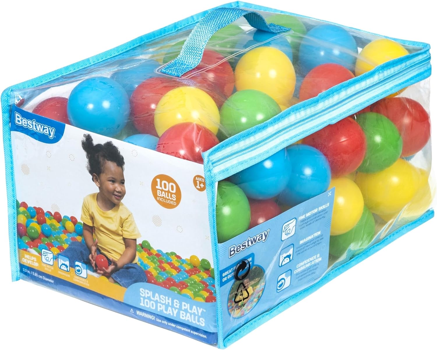 Bestway Splash & Play 100 Ball Pit Balls, Multi-Color, 2.3" Balls, Ages 1+ | Heavy-Duty Plastic Play Balls, Use With or Without Water, Puncture-Resistant Material, Motor Skill Development, Airtight Seam