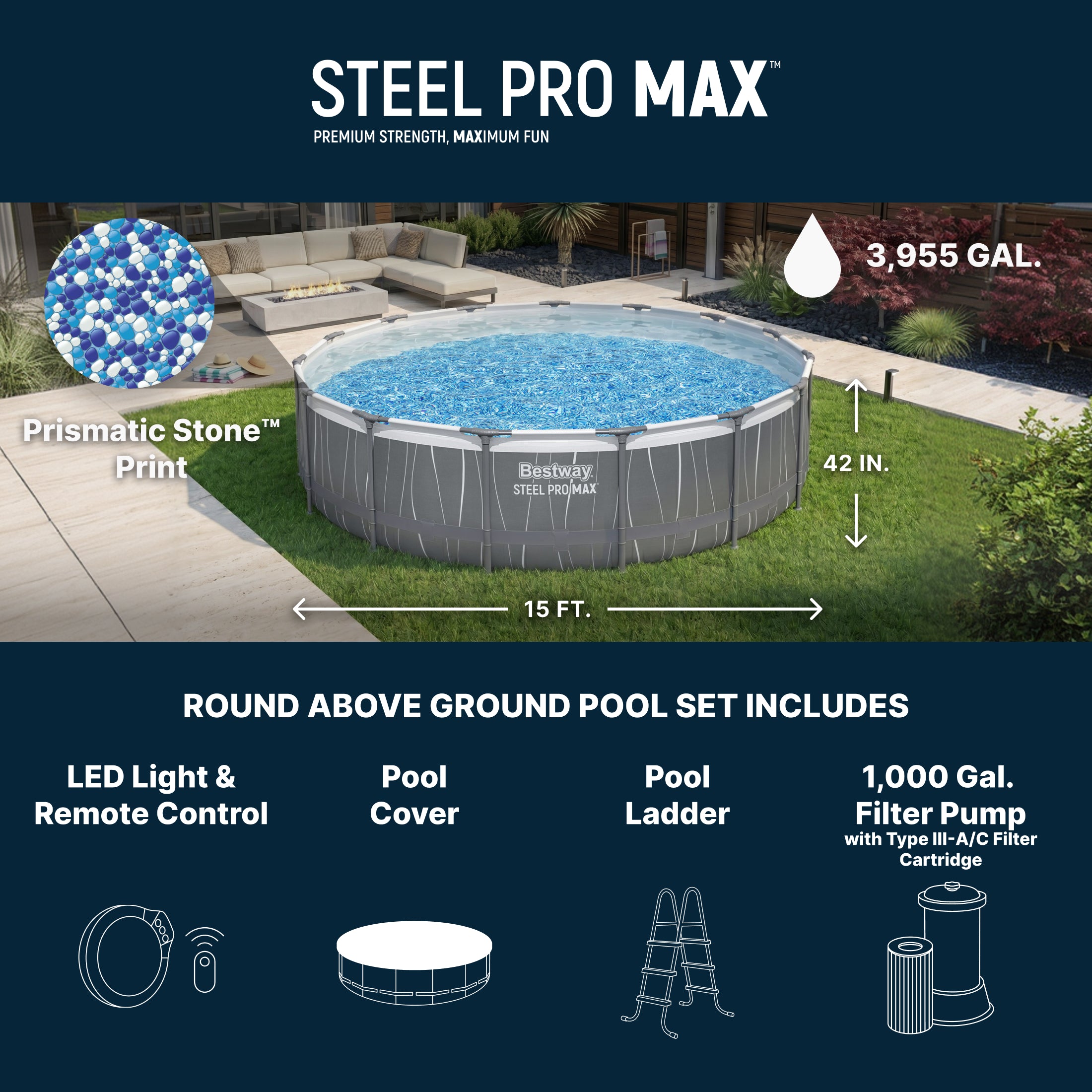 Piscine hors sol ronde Bestway Steel Pro MAX 15 pi x 42 po avec éclairage LED